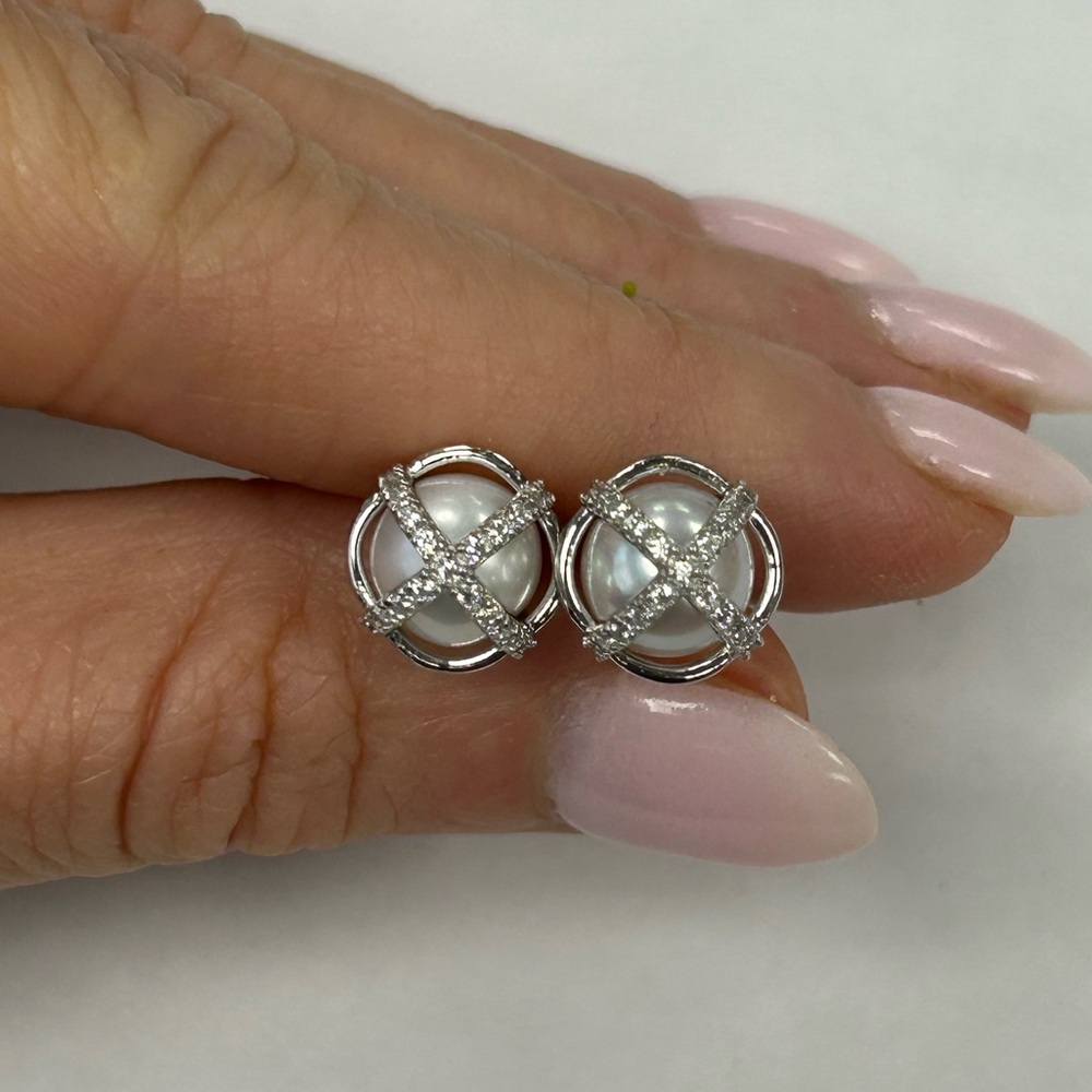 Suzy Levian Sterling Silver White CZ Pearl Stud Earrings NWT